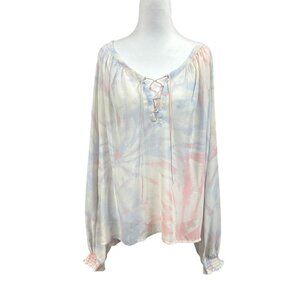 ModCloth Sheer Pastel Tie Dye Firework Lace Up Puff Sleeve Top Sz XL